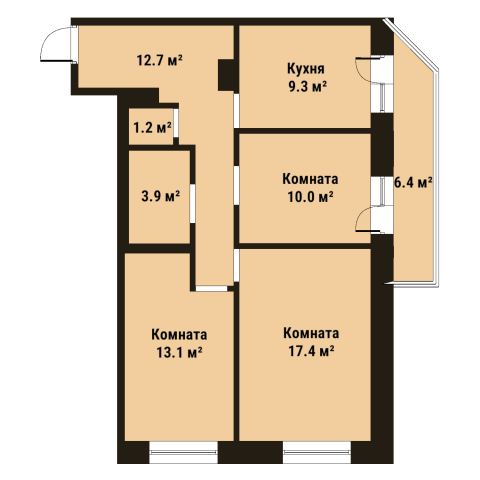 Трёхкомнатная квартира 67.8 м²