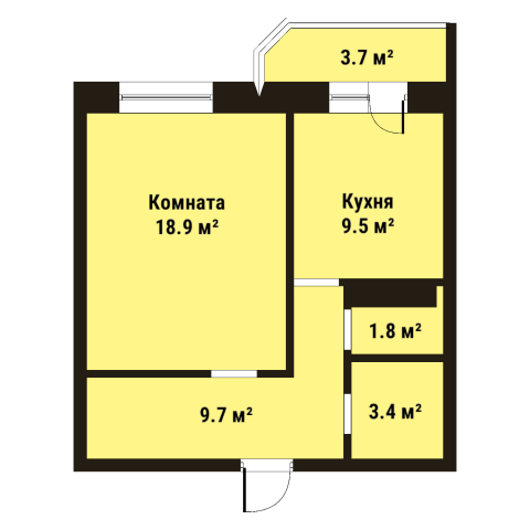 Однокомнатная квартира 43.3 м²