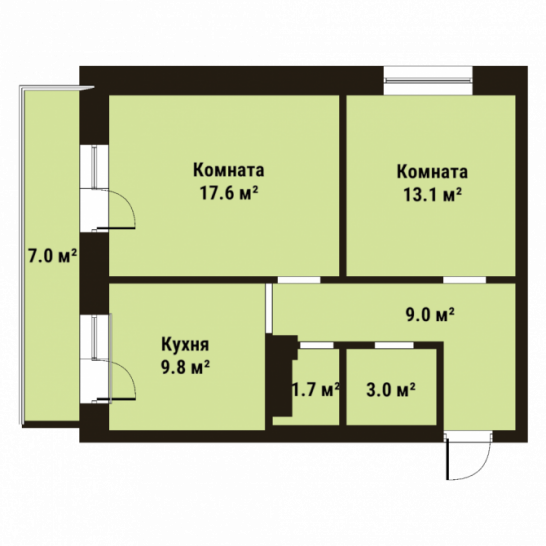 Двухкомнатная квартира 54.2 м²
