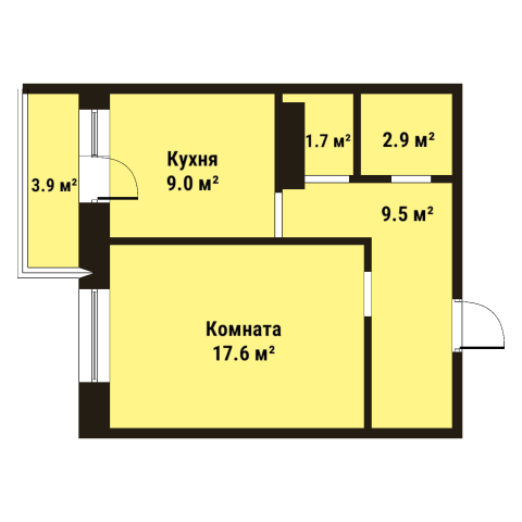 Однокомнатная квартира 40.6 м²